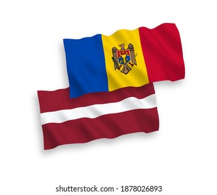 National vector fabric wave flags of Latvia and Moldova isolated on white background. 1 to 2 proportion.