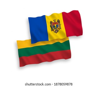 National vector fabric wave flags of Lithuania and Moldova isolated on white background. 1 to 2 proportion.