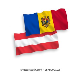 National vector fabric wave flags of Austria and Moldova isolated on white background. 1 to 2 proportion.