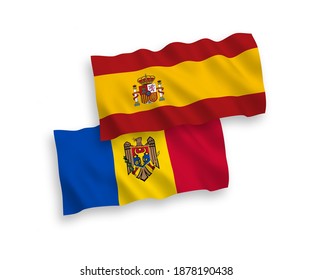 National vector fabric wave flags of Moldova and Spain isolated on white background. 1 to 2 proportion.