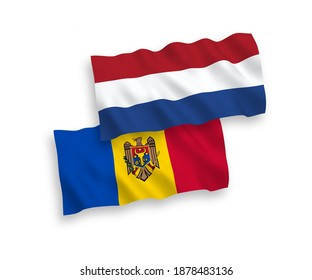 National vector fabric wave flags of Moldova and Netherlands isolated on white background. 1 to 2 proportion.