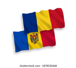 National vector fabric wave flags of Romania and Moldova isolated on white background. 1 to 2 proportion.