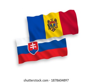 National vector fabric wave flags of Slovakia and Moldova isolated on white background. 1 to 2 proportion.
