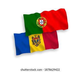 National vector fabric wave flags of Portugal and Moldova isolated on white background. 1 to 2 proportion.