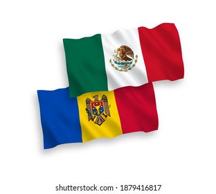 National vector fabric wave flags of Mexico and Moldova isolated on white background. 1 to 2 proportion.