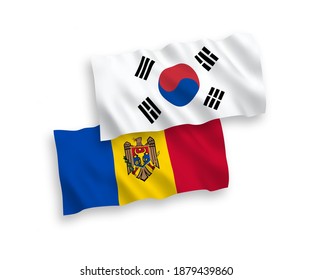 National vector fabric wave flags of South Korea and Moldova isolated on white background. 1 to 2 proportion.