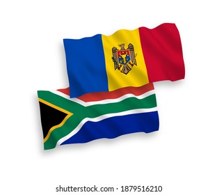 Nationale Vektor-Wellen-Flaggen von Moldawien und der Republik Südafrika einzeln auf weißem Hintergrund. 1 bis 2 %.