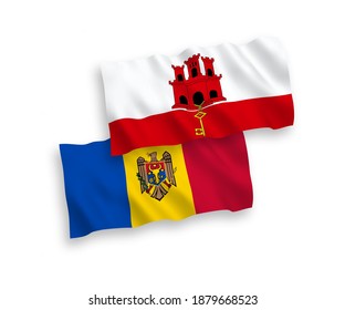 Nationale Vektor-Wellen-Flaggen von Moldau und Gibraltar einzeln auf weißem Hintergrund. 1 bis 2 %.