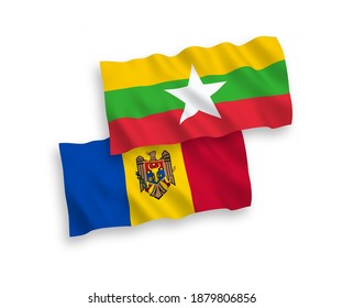 National vector fabric wave flags of Moldova and Myanmar isolated on white background. 1 to 2 proportion.