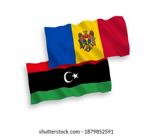 Nationale Vektor-Wellen-Flaggen von Moldau und Libyen einzeln auf weißem Hintergrund. 1 bis 2 %.