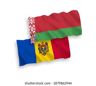 National vector fabric wave flags of Moldova and Belarus isolated on white background. 1 to 2 proportion.