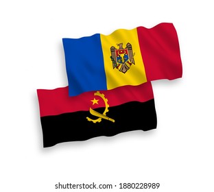 National vector fabric wave flags of Moldova and Angola isolated on white background. 1 to 2 proportion.