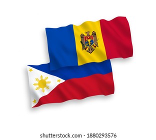National vector fabric wave flags of Moldova and Philippines isolated on white background. 1 to 2 proportion.