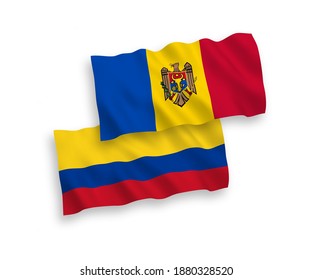 Banderas de olas de tela vectorial nacional de Moldavia y Colombia aisladas en fondo blanco. de 1 a 2.