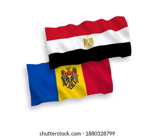 National vector fabric wave flags of Moldova and Egypt isolated on white background. 1 to 2 proportion.