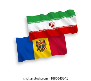 National vector fabric wave flags of Moldova and Iran isolated on white background. 1 to 2 proportion.