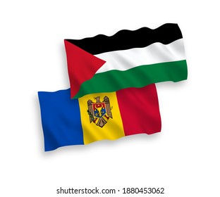 National vector fabric wave flags of Moldova and Palestine isolated on white background. 1 to 2 proportion.
