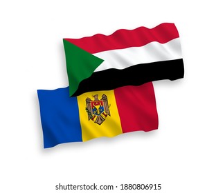 National vector fabric wave flags of Moldova and Sudan isolated on white background. 1 to 2 proportion.