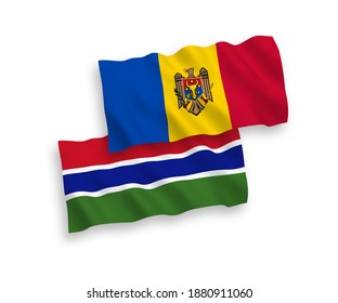 National vector fabric wave flags of Moldova and Republic of Gambia isolated on white background. 1 to 2 proportion.