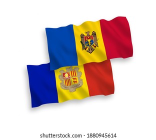 Nationale Vektor-Wellen-Flaggen von Moldau und Andorra einzeln auf weißem Hintergrund. 1 bis 2 %.