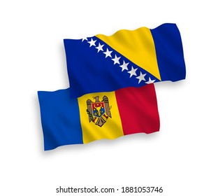 National vector fabric wave flags of Moldova and Bosnia and Herzegovina isolated on white background. 1 to 2 proportion.