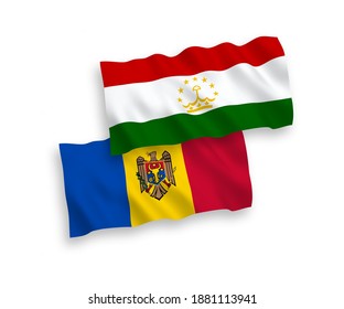National vector fabric wave flags of Moldova and Tajikistan isolated on white background. 1 to 2 proportion.