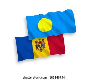 Banderas de olas de tela vectorial nacional de Moldavia y Palau aisladas en fondo blanco. de 1 a 2.