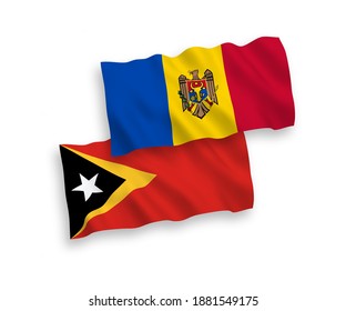 National vector fabric wave flags of Moldova and East Timor isolated on white background. 1 to 2 proportion.