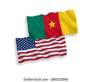 National vector fabric wave flags of Cameroon and USA isolated on white background. 1 to 2 proportion.