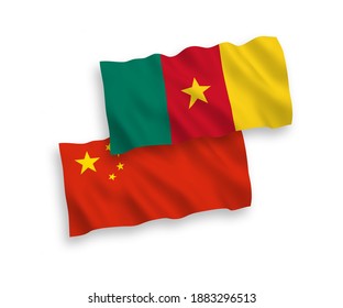 National vector fabric wave flags of Cameroon and China isolated on white background 1 to 2 proportion.