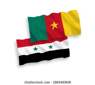 National vector fabric wave flags of Cameroon and Syria isolated on white background. 1 to 2 proportion.