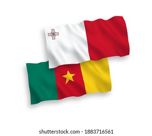 National vector fabric wave flags of Malta and Cameroon isolated on white background. 1 to 2 proportion.