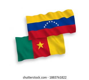 National vector fabric wave flags of Venezuela and Cameroon isolated on white background. 1 to 2 proportion.