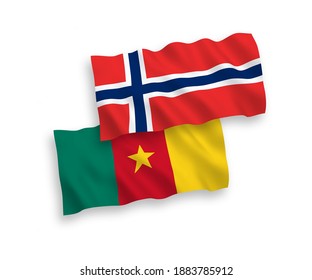 National vector fabric wave flags of Norway and Cameroon isolated on white background. 1 to 2 proportion.