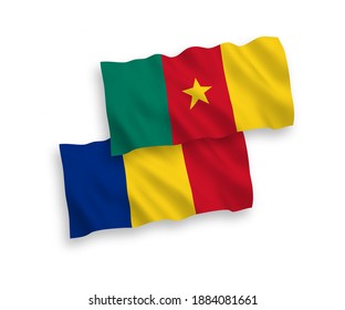 National vector fabric wave flags of Romania and Cameroon isolated on white background. 1 to 2 proportion.