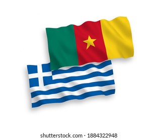 National vector fabric wave flags of Greece and Cameroon isolated on white background. 1 to 2 proportion.