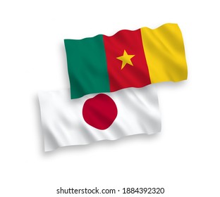 National vector fabric wave flags of Japan and Cameroon isolated on white background. 1 to 2 proportion.