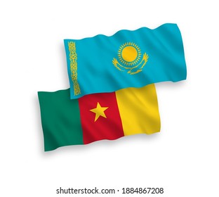 National vector fabric wave flags of Kazakhstan and Cameroon isolated on white background. 1 to 2 proportion.