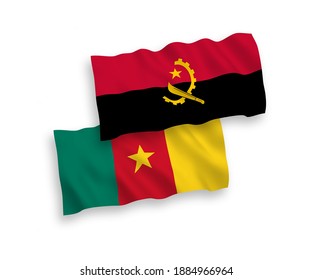 National vector fabric wave flags of Cameroon and Angola isolated on white background. 1 to 2 proportion.