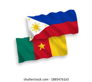 National vector fabric wave flags of Cameroon and Philippines isolated on white background. 1 to 2 proportion.