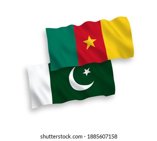 National vector fabric wave flags of Cameroon and Pakistan isolated on white background. 1 to 2 proportion.