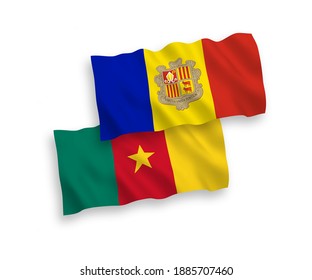 Nationale Vektorgrafik-Wellenflags von Kamerun und Andorra einzeln auf weißem Hintergrund. 1 bis 2 %.
