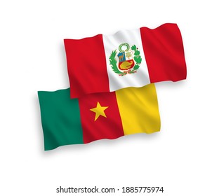 National vector fabric wave flags of Cameroon and Peru isolated on white background. 1 to 2 proportion.