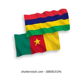 National vector fabric wave flags of Cameroon and Republic of Mauritius isolated on white background. 1 to 2 proportion.