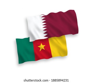 National vector fabric wave flags of Cameroon and Qatar isolated on white background. 1 to 2 proportion.
