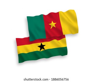 National vector fabric wave flags of Cameroon and Ghana isolated on white background. 1 to 2 proportion.