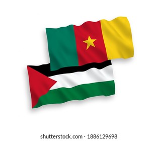 National vector fabric wave flags of Cameroon and Palestine isolated on white background. 1 to 2 proportion.