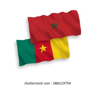 National vector fabric wave flags of Cameroon and Morocco isolated on white background. 1 to 2 proportion.