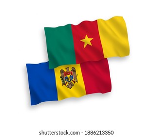 National vector fabric wave flags of Cameroon and Moldova isolated on white background. 1 to 2 proportion.