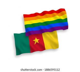 Banderas de tela vectorial nacional ondean banderas de Camerún y orgullo gay arcoiris aislado en fondo blanco. de 1 a 2.